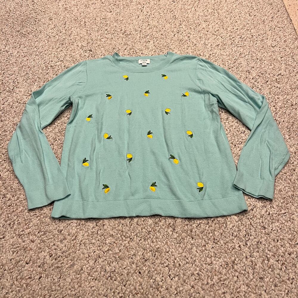 J Crew Lemon Print Cotton Teddie Sweater L Preppy Coastal Casual Vacation Resort